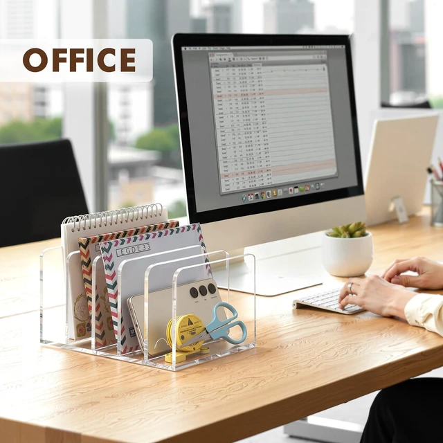 Alt view image 5 of 7 - Acrylic Mail Holder, 5 Compartments Multifunction Desk Organizer Clear Vertical Letter Sorter with Dividers, Modern Office & Home Storage for Documents, Notebooks & Folders
