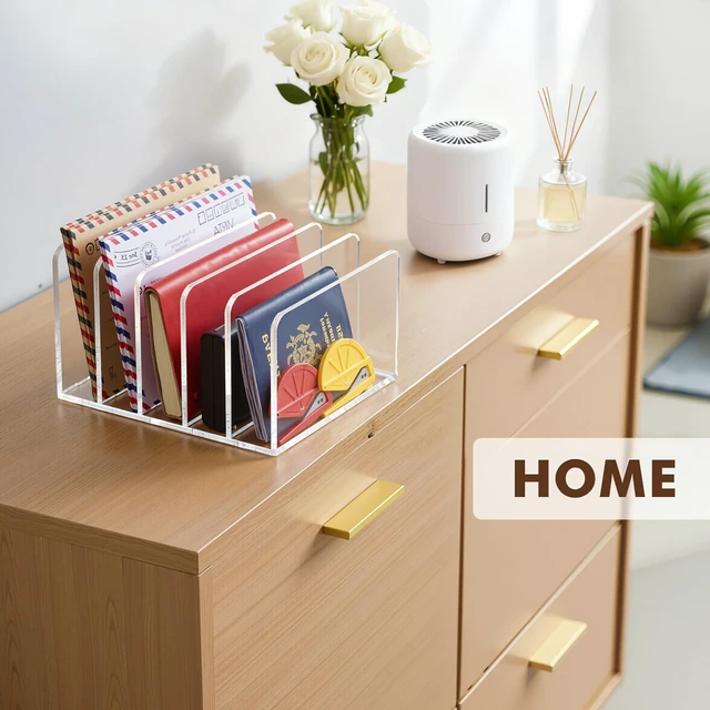 Alt view image 6 of 7 - Acrylic Mail Holder, 5 Compartments Multifunction Desk Organizer Clear Vertical Letter Sorter with Dividers, Modern Office & Home Storage for Documents, Notebooks & Folders
