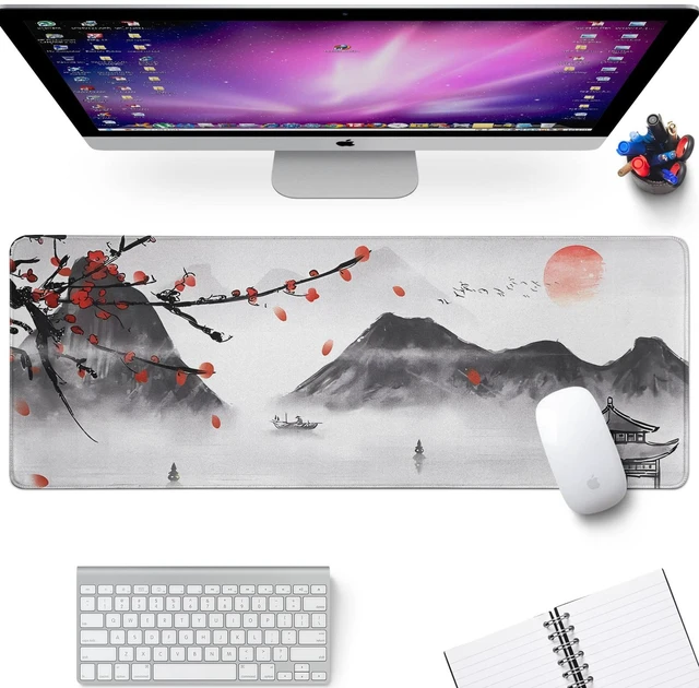 Alt view image 2 of 7 - Japanese Cherry Blossom Gaming Mouse Pad Large Desk Mat,Big Desk Pad with Stitched Edge Non-Slip Rubber Base,Office Decor Organizers and Accessories