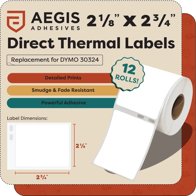 Alt view image 2 of 7 - Replacement for DYMO 30324 (12 Rolls, 3840 Labels) - 2 1/8" X 2 3/4" Direct Thermal Barcode Multipurpose Labels - Compatible with DYMO LabelWriter 450, 450 Turbo, 4XL (Not 550, 5XL)