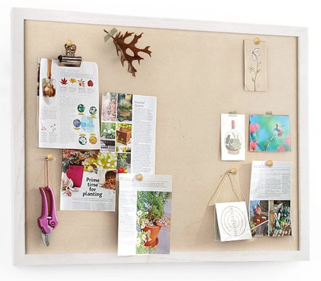 Main image of Large Bulletin Board 23x18 inch with Linen Cork Boards Wall Decor Hanging Pin Wood Framed Display Bulletin Cork Photo Picture Board Light for Room School Office 20-Pushpin Vintage White