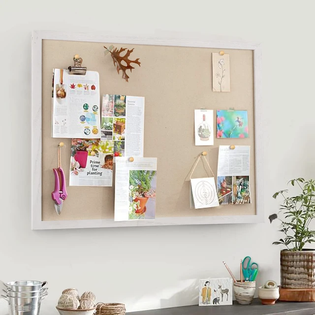 Alt view image 2 of 7 - Large Bulletin Board 23x18 inch with Linen Cork Boards Wall Decor Hanging Pin Wood Framed Display Bulletin Cork Photo Picture Board Light for Room School Office 20-Pushpin Vintage White