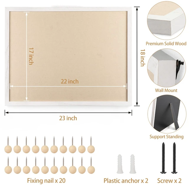Alt view image 3 of 7 - Large Bulletin Board 23x18 inch with Linen Cork Boards Wall Decor Hanging Pin Wood Framed Display Bulletin Cork Photo Picture Board Light for Room School Office 20-Pushpin Vintage White