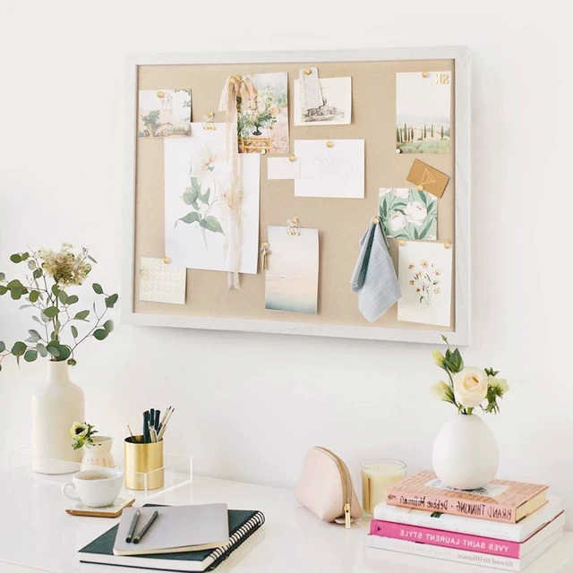 Alt view image 4 of 7 - Large Bulletin Board 23x18 inch with Linen Cork Boards Wall Decor Hanging Pin Wood Framed Display Bulletin Cork Photo Picture Board Light for Room School Office 20-Pushpin Vintage White