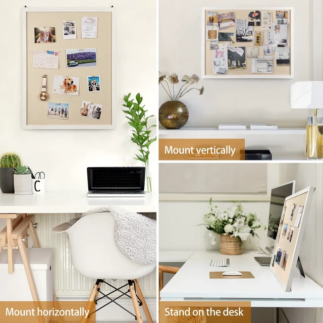 Alt view image 7 of 7 - Large Bulletin Board 23x18 inch with Linen Cork Boards Wall Decor Hanging Pin Wood Framed Display Bulletin Cork Photo Picture Board Light for Room School Office 20-Pushpin Vintage White