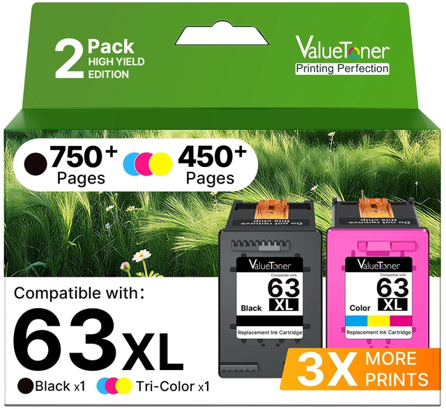 Main image of 63XL Ink Cartridges Black and Color Combo Pack Replacement 2-Pack for HP Ink 63 XL 63 Ink HP63 HP63XL for HP Officejet 3830 4520 4650 4655 5252 5255 5222 5255 5258 Deskjet 2130 2132