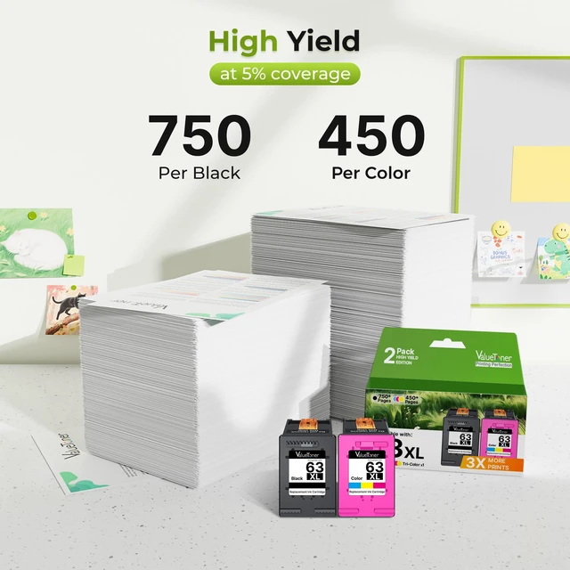 Alt view image 3 of 7 - 63XL Ink Cartridges Black and Color Combo Pack Replacement 2-Pack for HP Ink 63 XL 63 Ink HP63 HP63XL for HP Officejet 3830 4520 4650 4655 5252 5255 5222 5255 5258 Deskjet 2130 2132