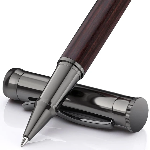 Main image of Wood Rollerball Pen Set, Nice Pen for Men, Fancy Look - Black Oak 2 Refills, Executive Style, Luxury Finish, Smooth Writing for Journaling and Signatures, Office Use, Black and Blue Ink