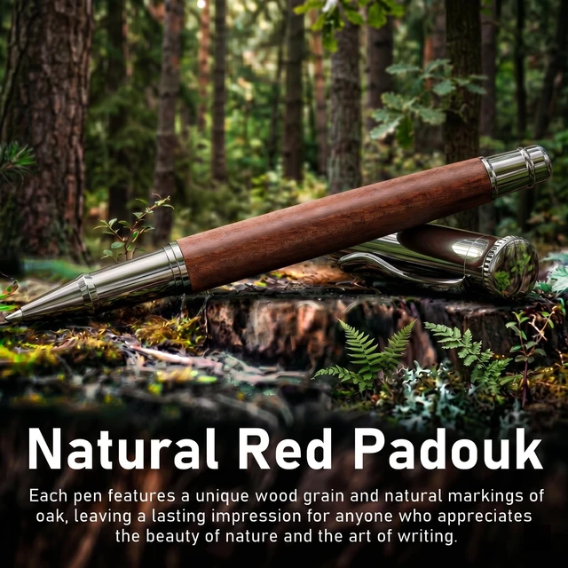 Alt view image 2 of 7 - Wood Rollerball Pen Set, Nice Pen for Men, Fancy Look - Red Padouk 2 Refills, Executive Style, Luxury Finish, Smooth Writing for Journaling and Signatures, Office Use, Black and Blue Ink