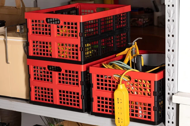 Alt view image 7 of 7 - 34L Large Plastic Folding Storage Crates,Collapsible Crates for Storage,Pack of 3 (Black+Red)
