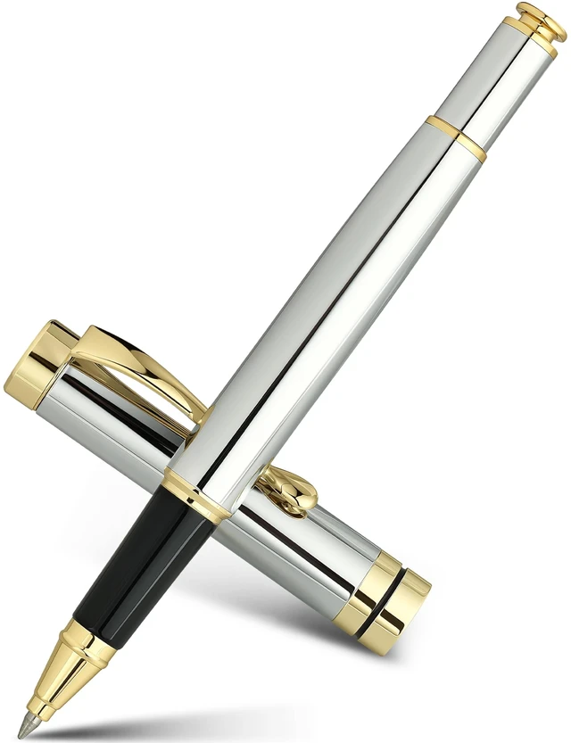 Main image of Rollerball Pen, Stunning Bright Silver Chrome with Golden Trim Best Gift Set for Men & Women, Premium, Journaling, Office, Nice Pens-Gift Box with 0.5mm Black Extra Refill