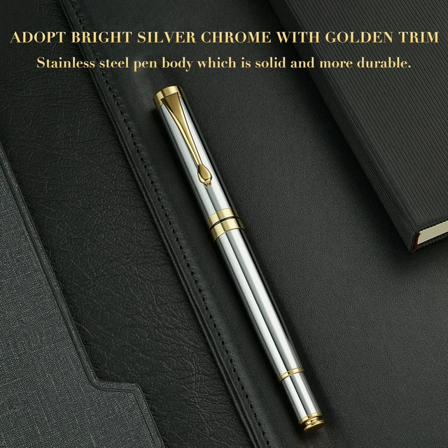 Alt view image 3 of 7 - Rollerball Pen, Stunning Bright Silver Chrome with Golden Trim Best Gift Set for Men & Women, Premium, Journaling, Office, Nice Pens-Gift Box with 0.5mm Black Extra Refill
