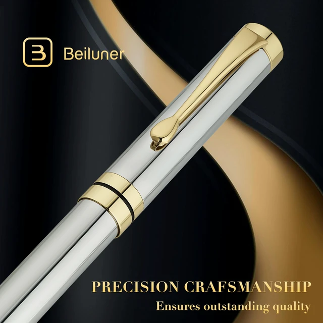 Alt view image 2 of 7 - Rollerball Pen, Stunning Bright Silver Chrome with Golden Trim Best Gift Set for Men & Women, Premium, Journaling, Office, Nice Pens-Gift Box with 0.5mm Black Extra Refill