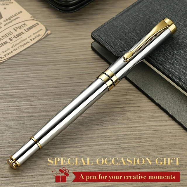 Alt view image 7 of 7 - Rollerball Pen, Stunning Bright Silver Chrome with Golden Trim Best Gift Set for Men & Women, Premium, Journaling, Office, Nice Pens-Gift Box with 0.5mm Black Extra Refill