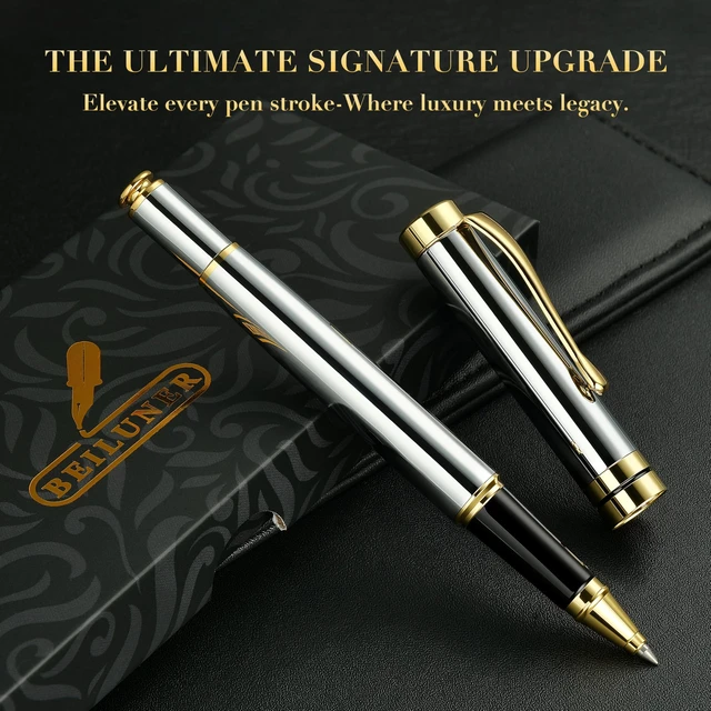 Alt view image 6 of 7 - Rollerball Pen, Stunning Bright Silver Chrome with Golden Trim Best Gift Set for Men & Women, Premium, Journaling, Office, Nice Pens-Gift Box with 0.5mm Black Extra Refill