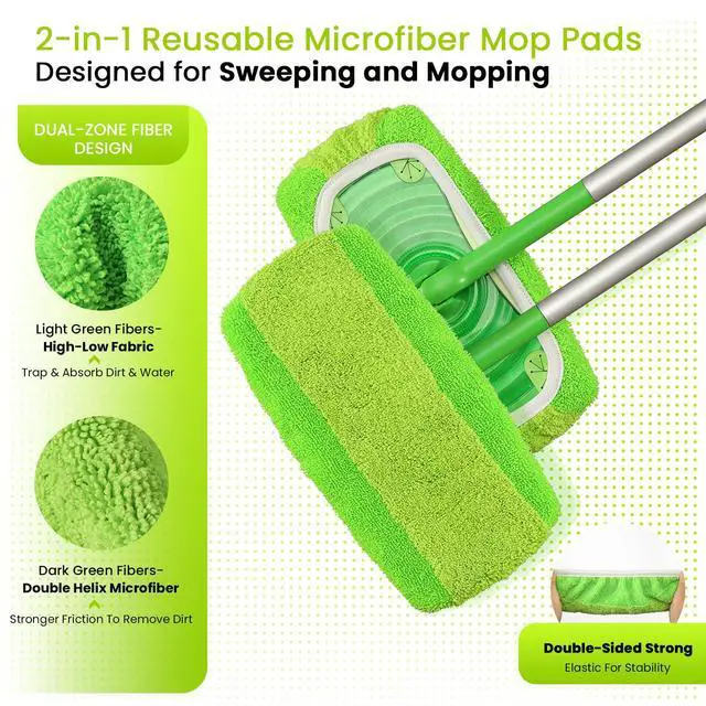 Alt view image 3 of 7 - 2-in-1 Reusable Microfiber Mop Pads Compatible with Swiffer Sweeper for Wet Mopping & Dry Sweeping, Two Types of Washable Heavy-Duty Mop Pad Refills for Multiple Floor Types Cleaning - 4Pcs, Green