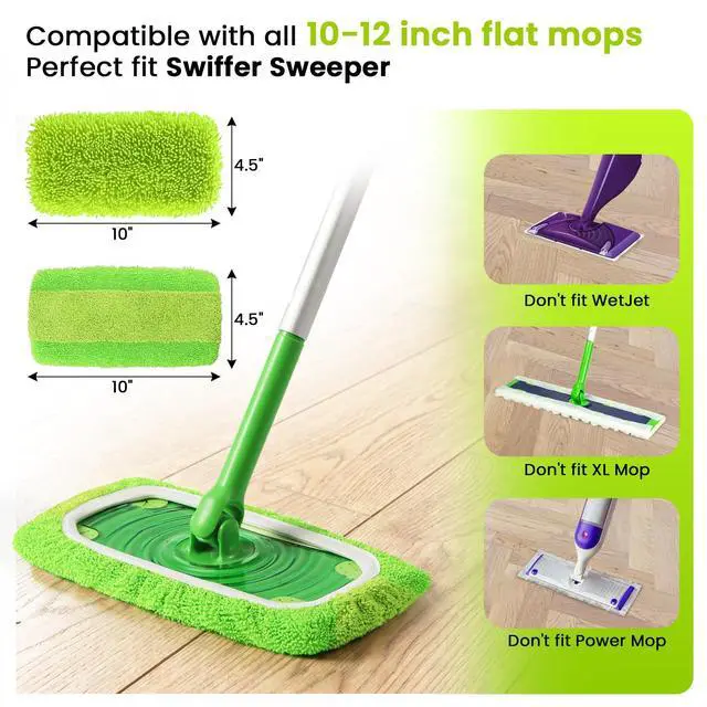 Alt view image 2 of 7 - 2-in-1 Reusable Microfiber Mop Pads Compatible with Swiffer Sweeper for Wet Mopping & Dry Sweeping, Two Types of Washable Heavy-Duty Mop Pad Refills for Multiple Floor Types Cleaning - 4Pcs, Green