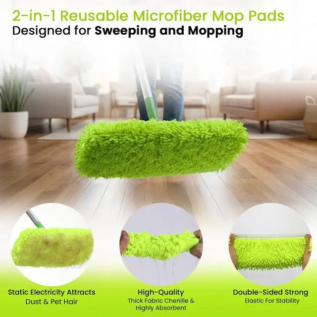 Alt view image 4 of 7 - 2-in-1 Reusable Microfiber Mop Pads Compatible with Swiffer Sweeper for Wet Mopping & Dry Sweeping, Two Types of Washable Heavy-Duty Mop Pad Refills for Multiple Floor Types Cleaning - 4Pcs, Green