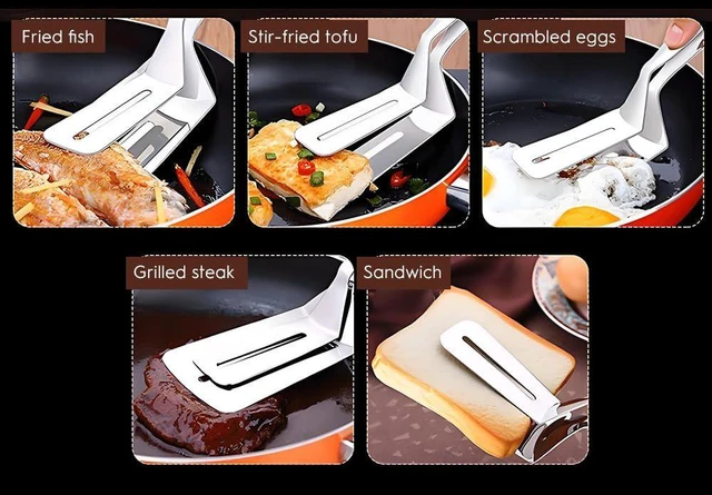 Alt view image 4 of 7 - 1PC Stainless Steel Cooking Tongs - Double Sided Spatula Ideal for Flipping in BBQ, Grilling and Home Cooking - Perfect for Beefsteak, Bread, Hamburger, Pizza, Pies and Fish