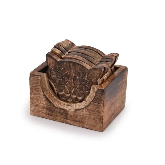 Alt view image 2 of 6 - Wooden Crafted Coaster Set of 6 with Coasters Holder for Drink Bar Coaster Tea Coffee Mug Tabletop Barware Drink Handmade Dining Home Decor (Owl Shape)