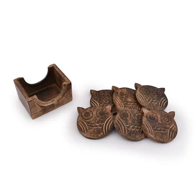 Alt view image 4 of 6 - Wooden Crafted Coaster Set of 6 with Coasters Holder for Drink Bar Coaster Tea Coffee Mug Tabletop Barware Drink Handmade Dining Home Decor (Owl Shape)