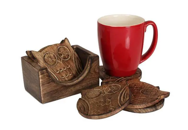Alt view image 5 of 6 - Wooden Crafted Coaster Set of 6 with Coasters Holder for Drink Bar Coaster Tea Coffee Mug Tabletop Barware Drink Handmade Dining Home Decor (Owl Shape)