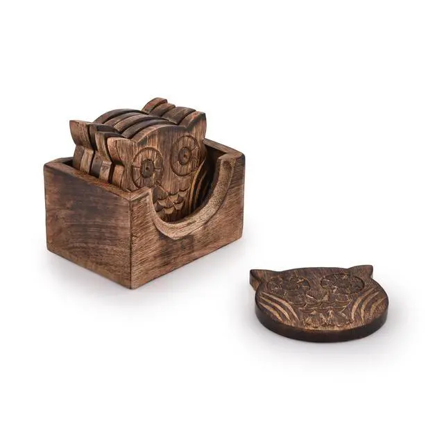Alt view image 3 of 6 - Wooden Crafted Coaster Set of 6 with Coasters Holder for Drink Bar Coaster Tea Coffee Mug Tabletop Barware Drink Handmade Dining Home Decor (Owl Shape)