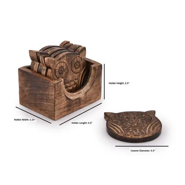 Alt view image 6 of 6 - Wooden Crafted Coaster Set of 6 with Coasters Holder for Drink Bar Coaster Tea Coffee Mug Tabletop Barware Drink Handmade Dining Home Decor (Owl Shape)