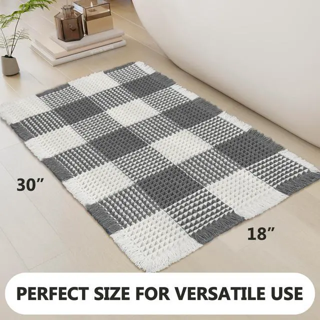 Alt view image 2 of 7 - Checkered Waffle Bath Mat, Super Absorbent Boho Farmhouse Bathroom Rugs Non Slip Washable, Ultra Soft Bath Rugs Mats with Tassels for Bathroom Floor, Grey White, 18"x30"