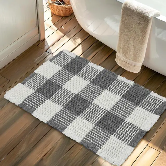 Alt view image 7 of 7 - Checkered Waffle Bath Mat, Super Absorbent Boho Farmhouse Bathroom Rugs Non Slip Washable, Ultra Soft Bath Rugs Mats with Tassels for Bathroom Floor, Grey White, 18"x30"