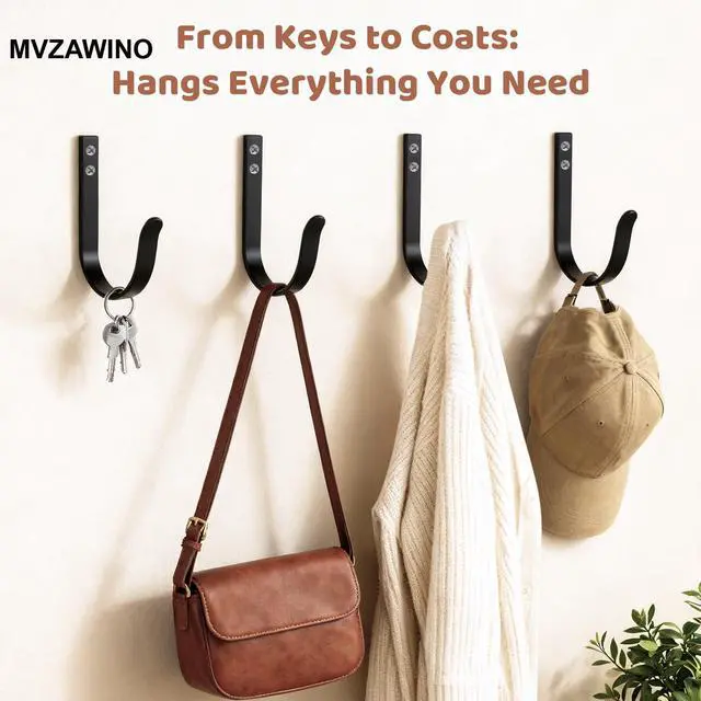 Alt view image 2 of 7 - Heavy Duty Metal Wall Hooks 22LB, 4 Pcs Black Large Coat Hooks Wall Mount | Large Size, Rustproof Finish, Hanging Towels, Backpack, Clothes, for Bathrooms, Closet, Door, Mudroom, Outdoor