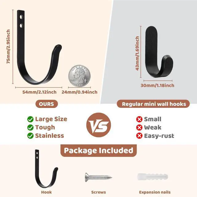 Alt view image 4 of 7 - Heavy Duty Metal Wall Hooks 22LB, 4 Pcs Black Large Coat Hooks Wall Mount | Large Size, Rustproof Finish, Hanging Towels, Backpack, Clothes, for Bathrooms, Closet, Door, Mudroom, Outdoor