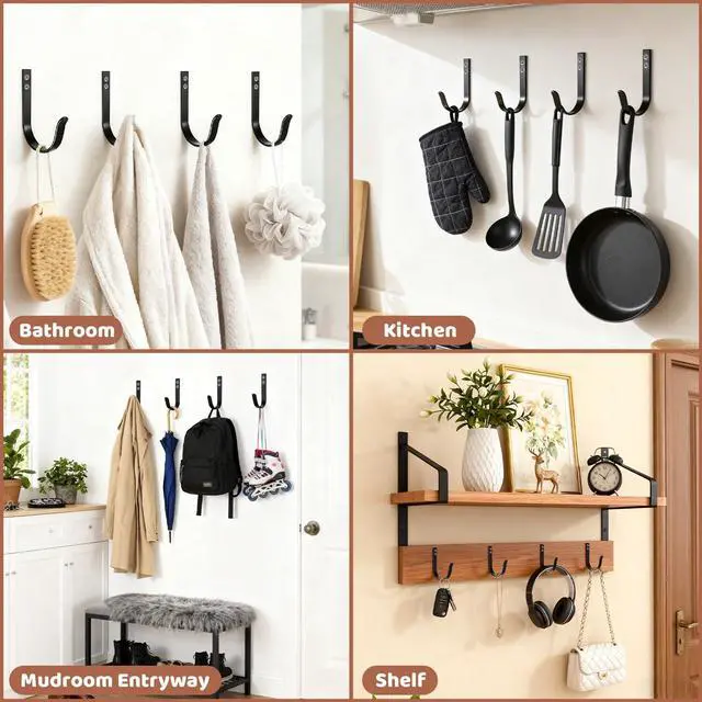 Alt view image 6 of 7 - Heavy Duty Metal Wall Hooks 22LB, 4 Pcs Black Large Coat Hooks Wall Mount | Large Size, Rustproof Finish, Hanging Towels, Backpack, Clothes, for Bathrooms, Closet, Door, Mudroom, Outdoor