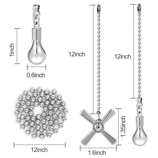 Alt view image 2 of 7 - Ceiling Fan Pull Chain Ornaments, 13.6 Inches Fan Pulls Extension Chains Set, Decorative Metal Light Bulb and Fan Cord, Ultra Long 3mm Diameter Beaded Ball Pull Chains for Lamp
