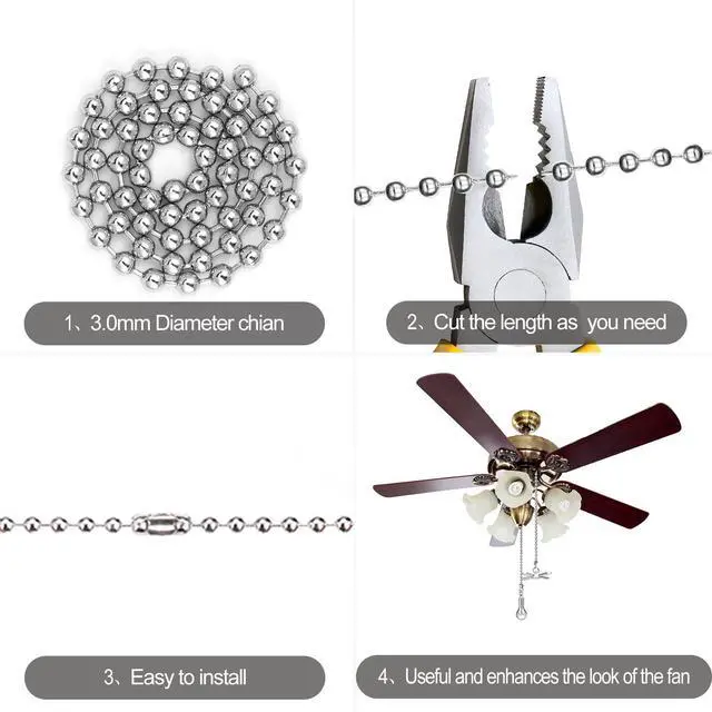 Alt view image 3 of 7 - Ceiling Fan Pull Chain Ornaments, 13.6 Inches Fan Pulls Extension Chains Set, Decorative Metal Light Bulb and Fan Cord, Ultra Long 3mm Diameter Beaded Ball Pull Chains for Lamp