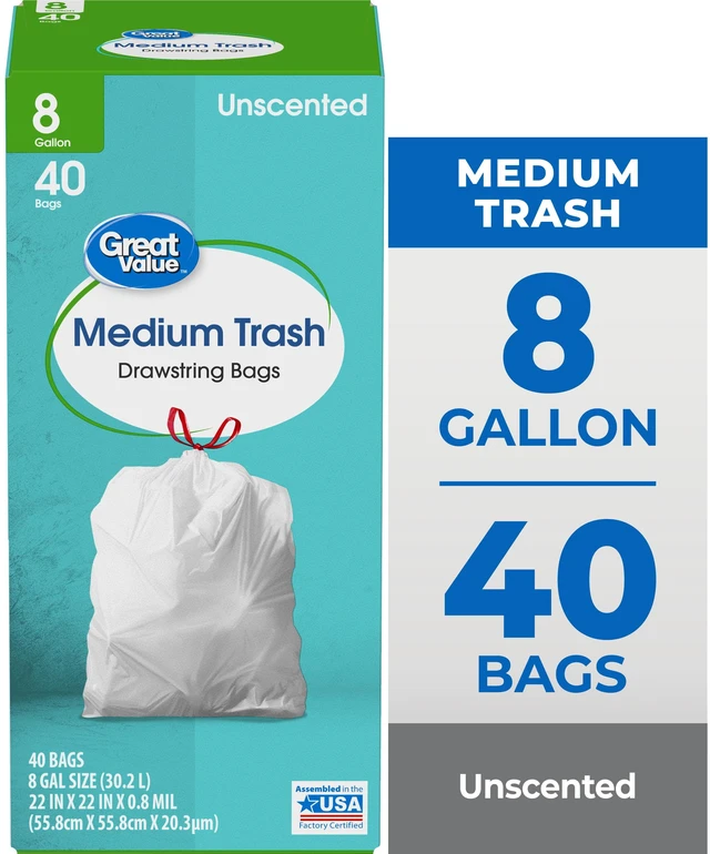 Main image of Great Value Medium Drawstring Trash Bags, 8 Gallon, 40 Count