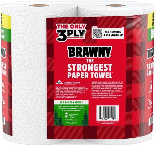 Alt view image 7 of 7 - Brawny Tear-A-Square 3-Ply Paper Towels, 2 Triple Rolls, 114 Sheets per Roll