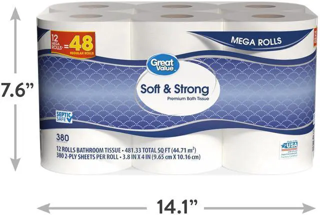Alt view image 7 of 7 - Great Value Soft & Strong Toilet Paper, 12 Mega Rolls, 380 Sheets per Roll