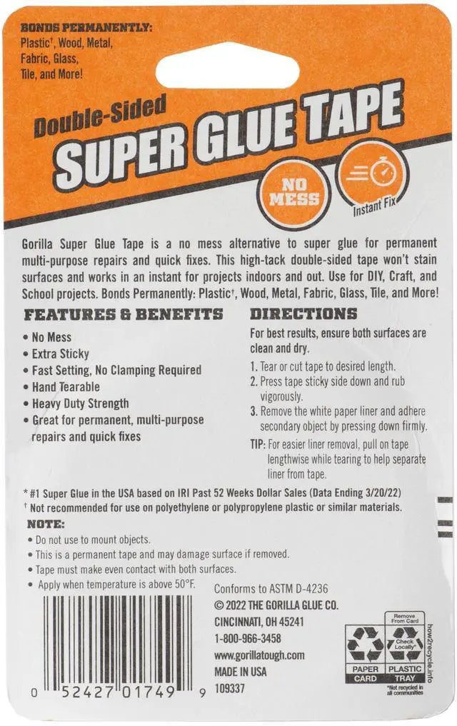 Alt view image 2 of 7 - Gorilla Crystal Clear Double-Sided Super Glue Tape 20 Foot Roll