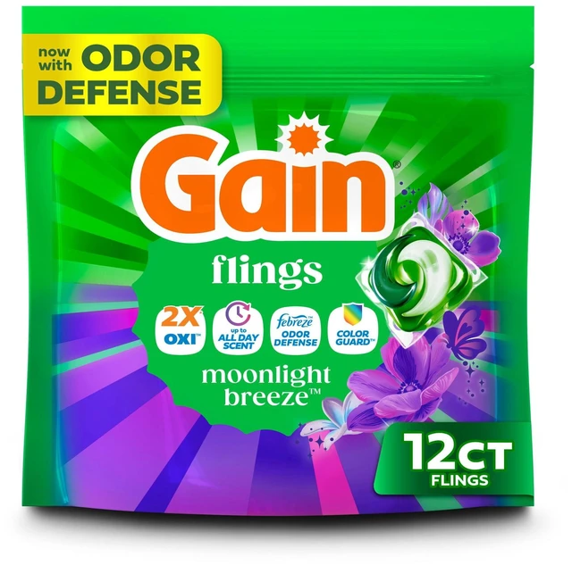 Main image of Gain Flings Laundry Detergent Pacs, 4-in-1 Oxi Boost and Febreze, Moonlight Breeze Scent, 12 Count