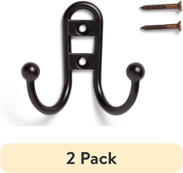 Main image of Mainstays Double Hook Bronze Metal Hooks (2 Pack) for Hanging Towels and Coats, 10 lbs Capacity