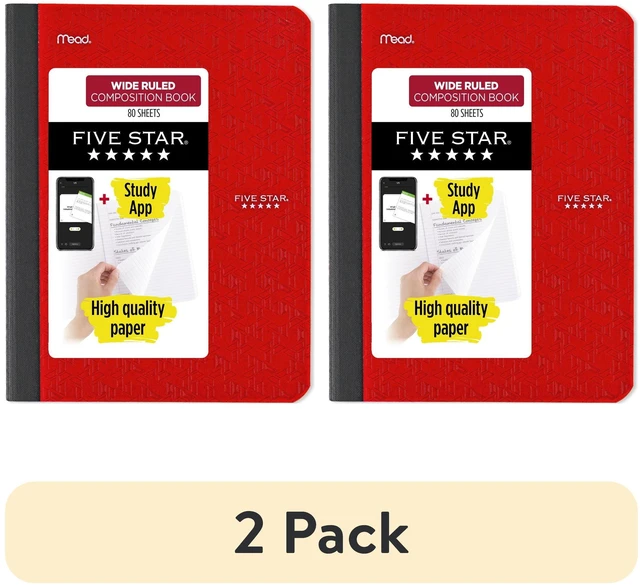 Main image of 2-Pack Five Star Composition Book Plus Study App, Wide Ruled, 7.5" x 9.75", Fire Red, Poly, 80 Sheets