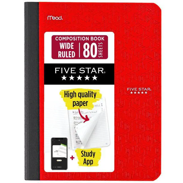 Alt view image 5 of 5 - 2-Pack Five Star Composition Book Plus Study App, Wide Ruled, 7.5" x 9.75", Fire Red, Poly, 80 Sheets