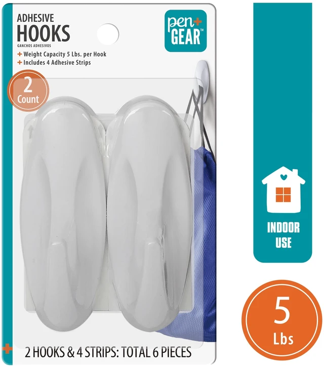 Main image of Pen+Gear Heavy-Duty Plastic Adhesive Large Wall Hooks, Damage Free, White, 2 Count