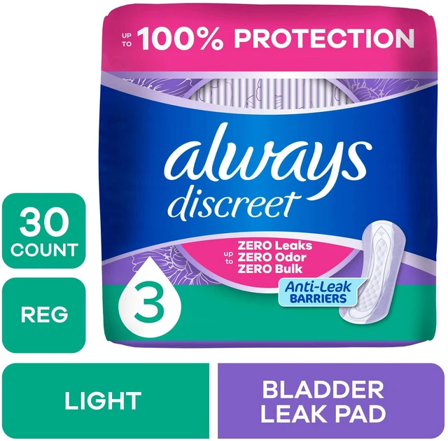 Main image of Always Discreet Light Absorbency Incontinence Pads for Women, Regular Length, Postpartum, 30 Count