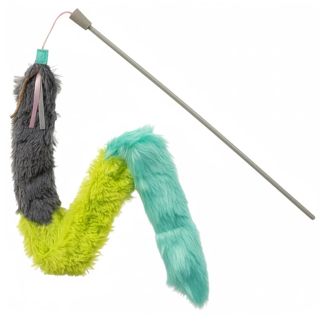 Main image of SmartyKat Crazy Catch Extra Long Breakaway Plush Wand Cat Toy With Ribbons & Jute, Gray/Blue