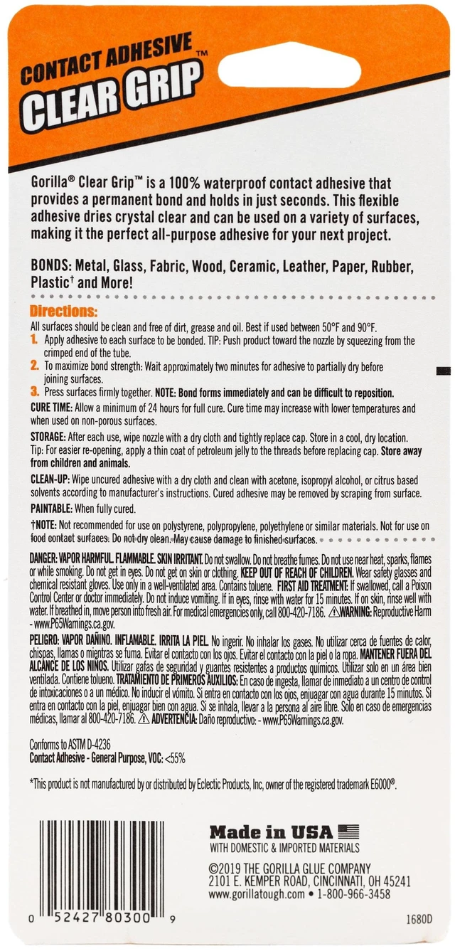Alt view image 6 of 6 - Gorilla Clear Grip Contact Adhesive, 3 Ounce (88mL), 24 Hours Dry Time