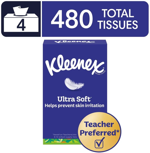 Main image of Kleenex Ultra Soft 3-Ply Flat Box Facial Tissues, 4 Pack (480 Tissues)