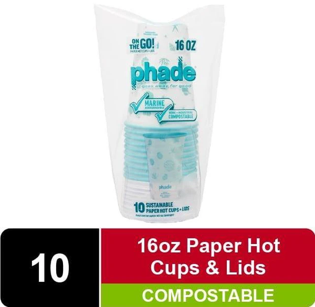 Main image of Phade 16oz Compostable Paper Hot Cups with Lids, 10 Count, Sealife Design