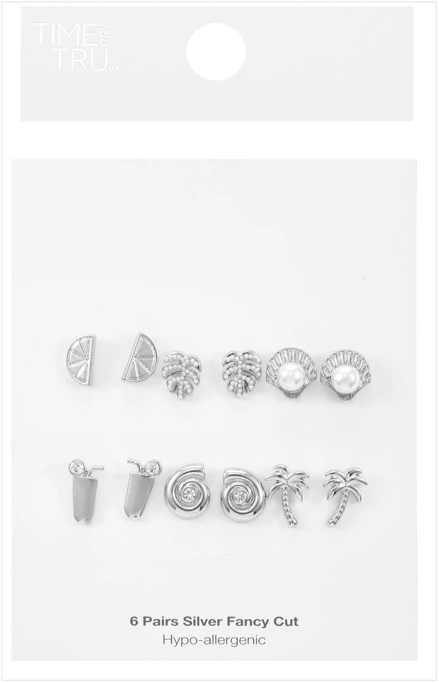 Alt view image 4 of 4 - Time and Tru Vacay Vibes Silvertone Stud Earrings, 6 Pairs